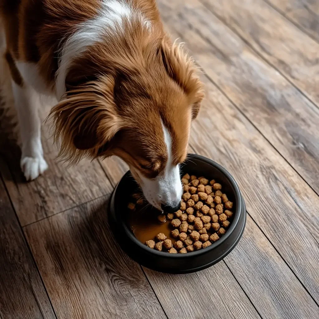 A dog with brown and white fur eating from a black bowl filled with dry dog kibble on a wooden floor.