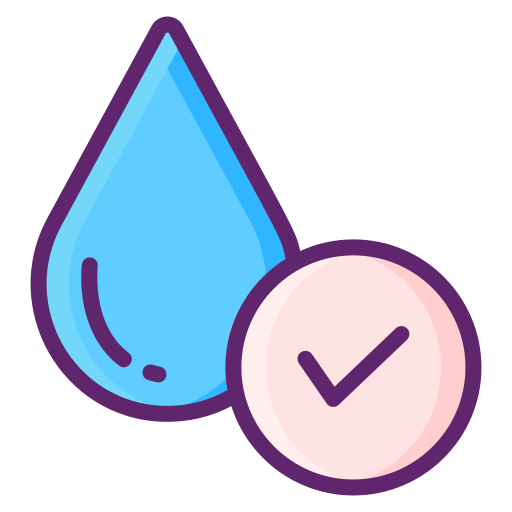 A blue water droplet icon with a check mark inside a pink circle.