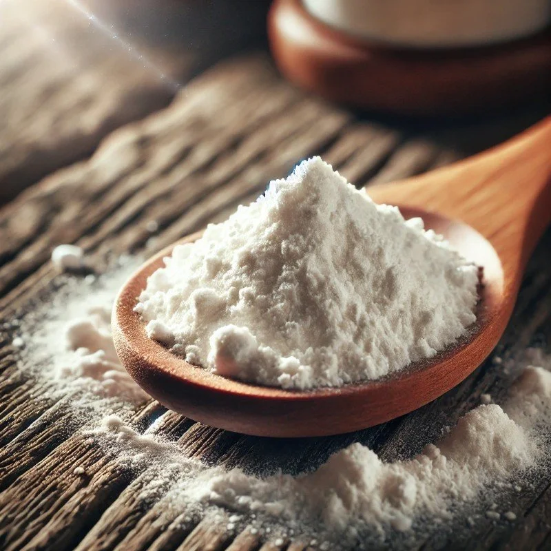 Close-up of a wooden spoon filled with white powder, resting on a rustic wooden surface with some spilled powder around.