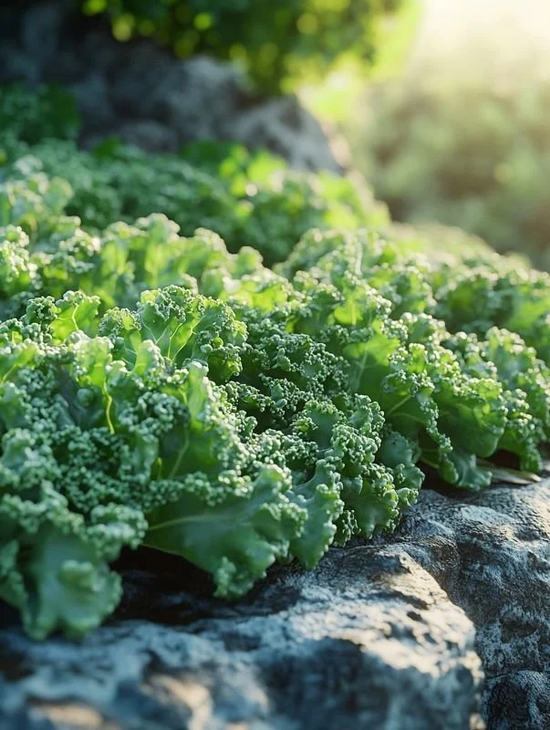 Green curly kale growing among rocks in sunlight.