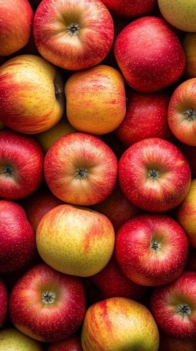 A collection of red and yellow apples with shiny skin.