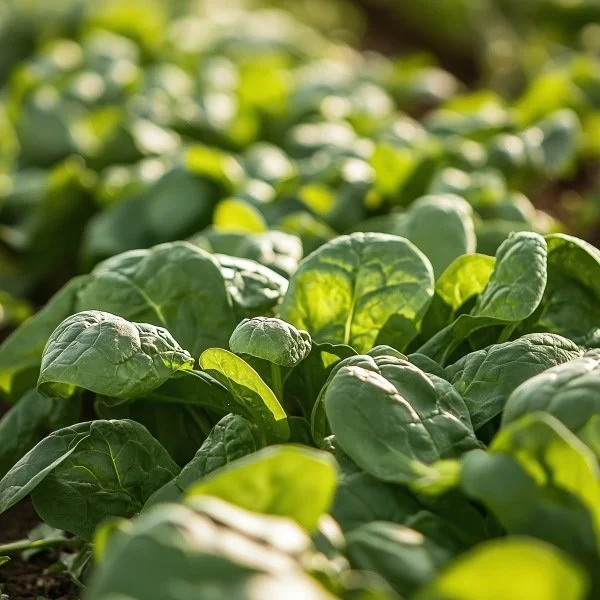 Close-up of green spinach plants growing in a garden.