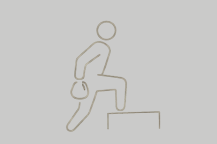 A simple line drawing of a person climbing over a step or obstacle.