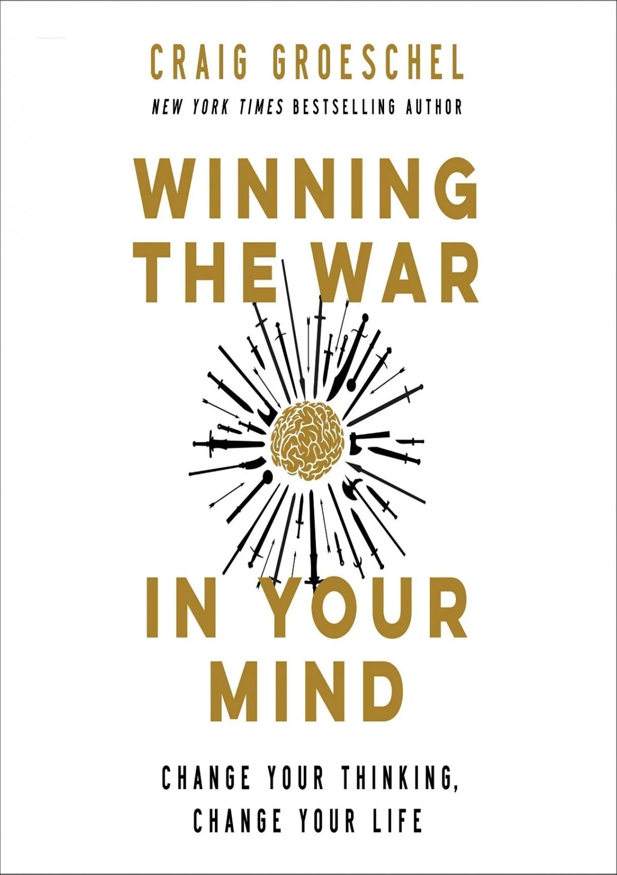 Book cover of "Winning the War in Your Mind" by Craig Groeschel. Features a brain illustration surrounded by swords, with the title in large gold and black text.