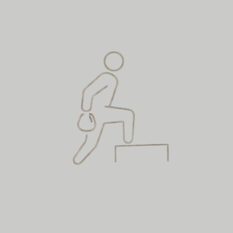 A simple line drawing of a person climbing a step, holding a small weight.