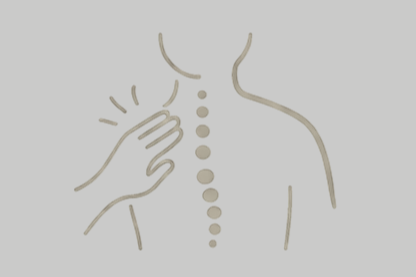 Illustration of a person performing a self-administered technique on the upper back, possibly a massage or acupressure point.
