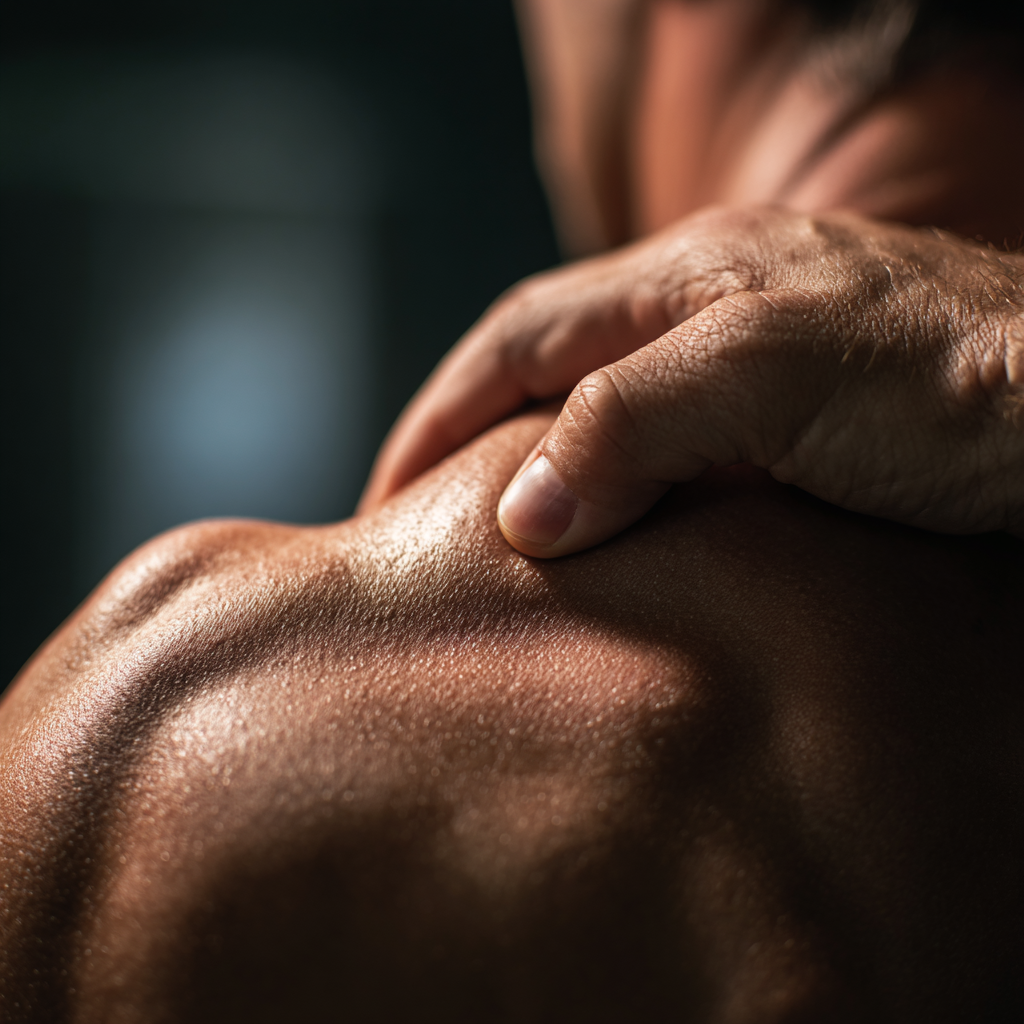 una persona si massaggia la spalla o il collo con le dita