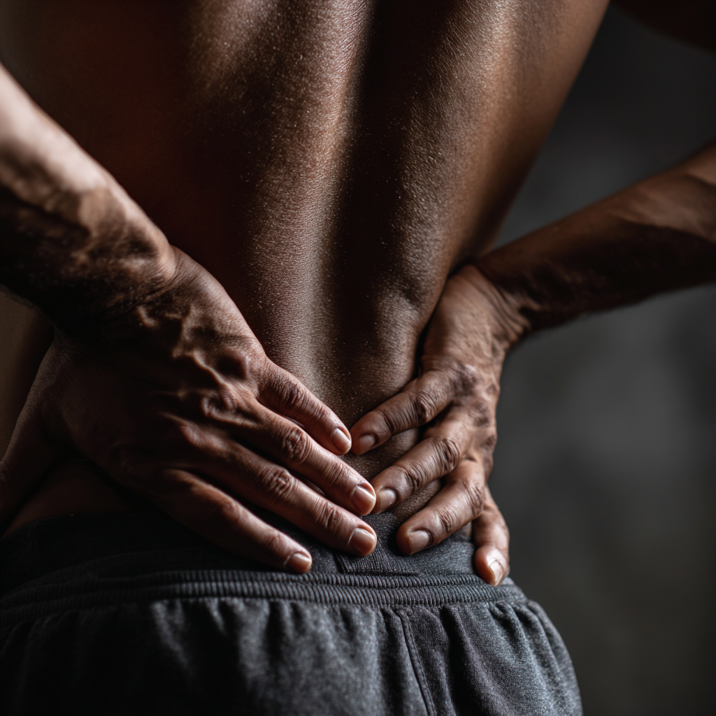 Davanti di una persona con pelle scura, in posa con le mani sulla schiena e l'addome, indossa pantaloni neri. Focus sulla pelle e le mani.
