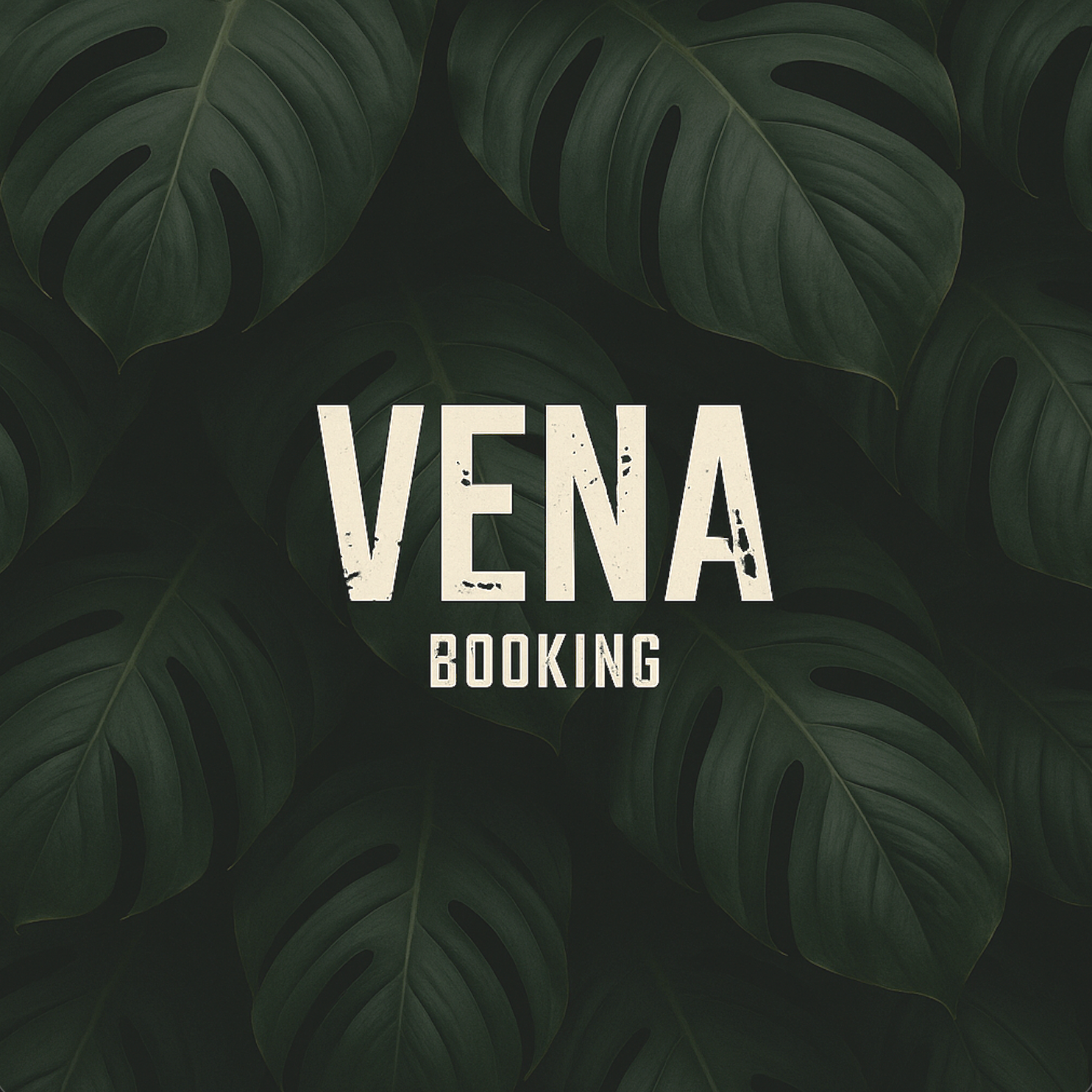 Grüner Blätterhintergrund mit weißem Text 'VENA BOOKING' in der Mitte.