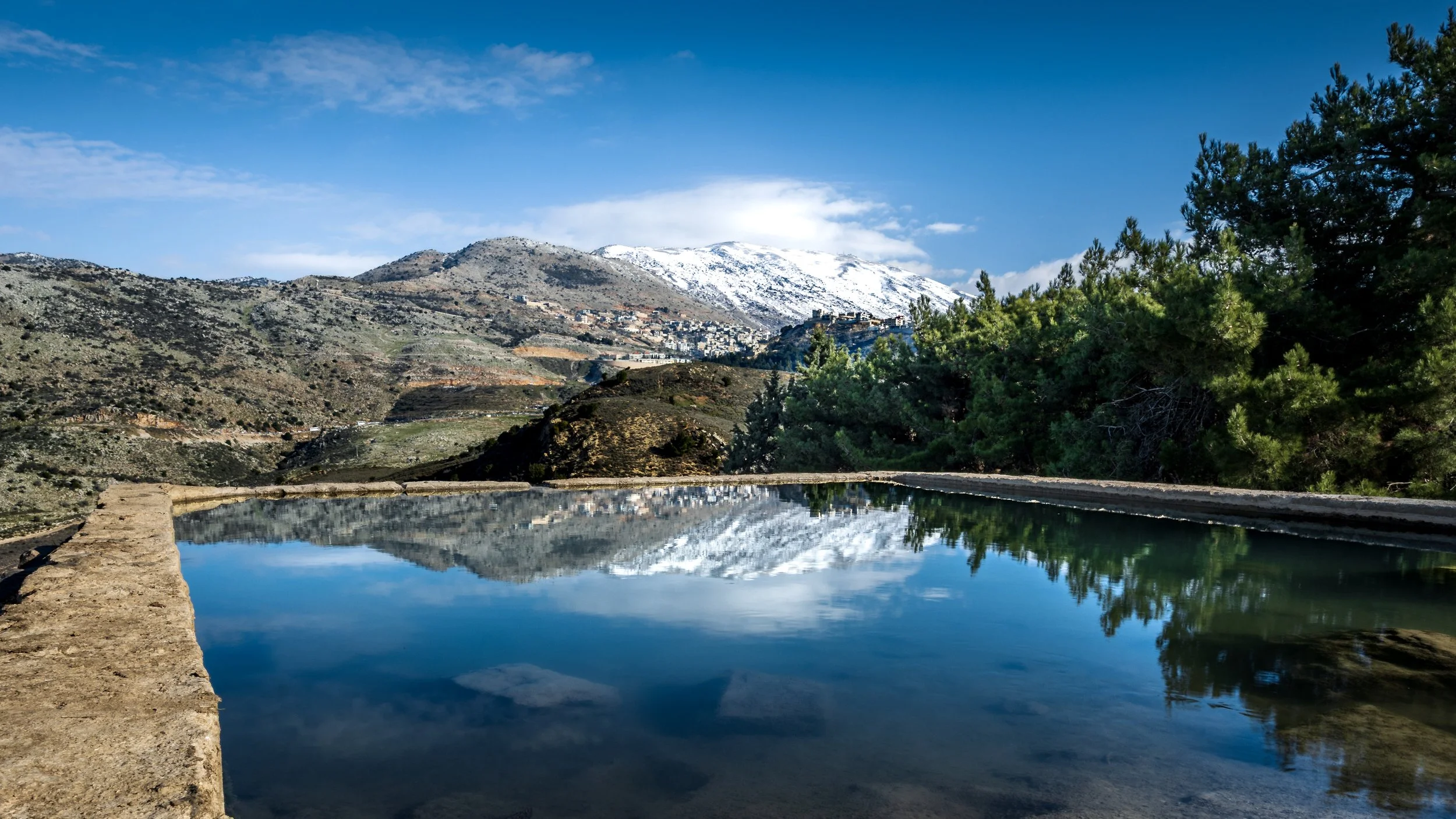 Mountain landscape with snow-capped peaks, green trees on the right, and a reflective water pool in the foreground.