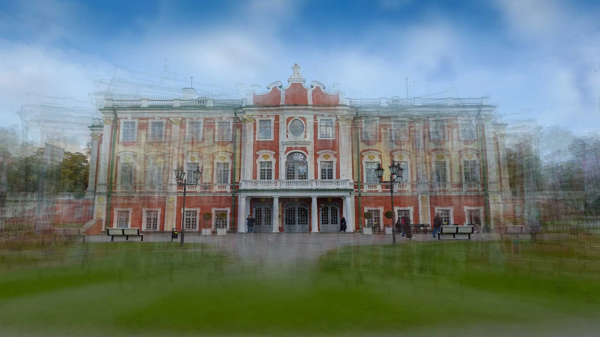 Creative multiple-exposure style photograph of a historic red-and-white building, with layered architectural outlines creating a sense of motion and photographic impressionism.