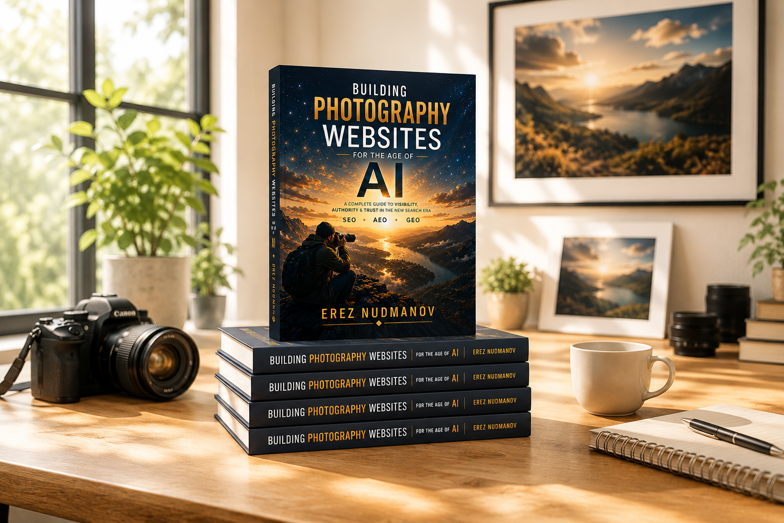 Hardcover edition of "Building Photography Websites for the Age of AI" displayed on a stack of books in a bright photography studio.