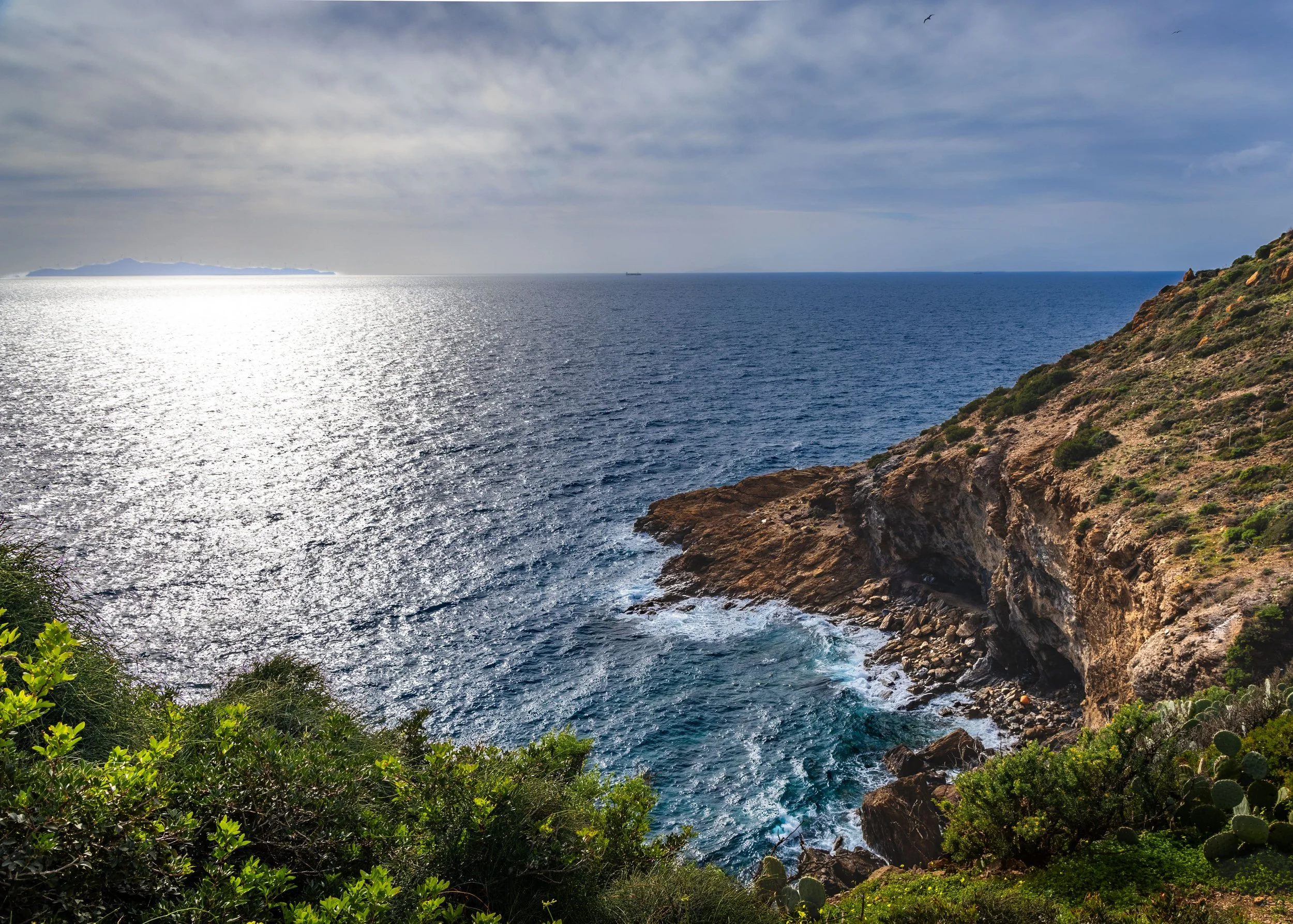 Ocean view with rocky coastline and green vegetation in the foreground, and a distant island under a partly cloudy sky, photograph by erez nudmanov