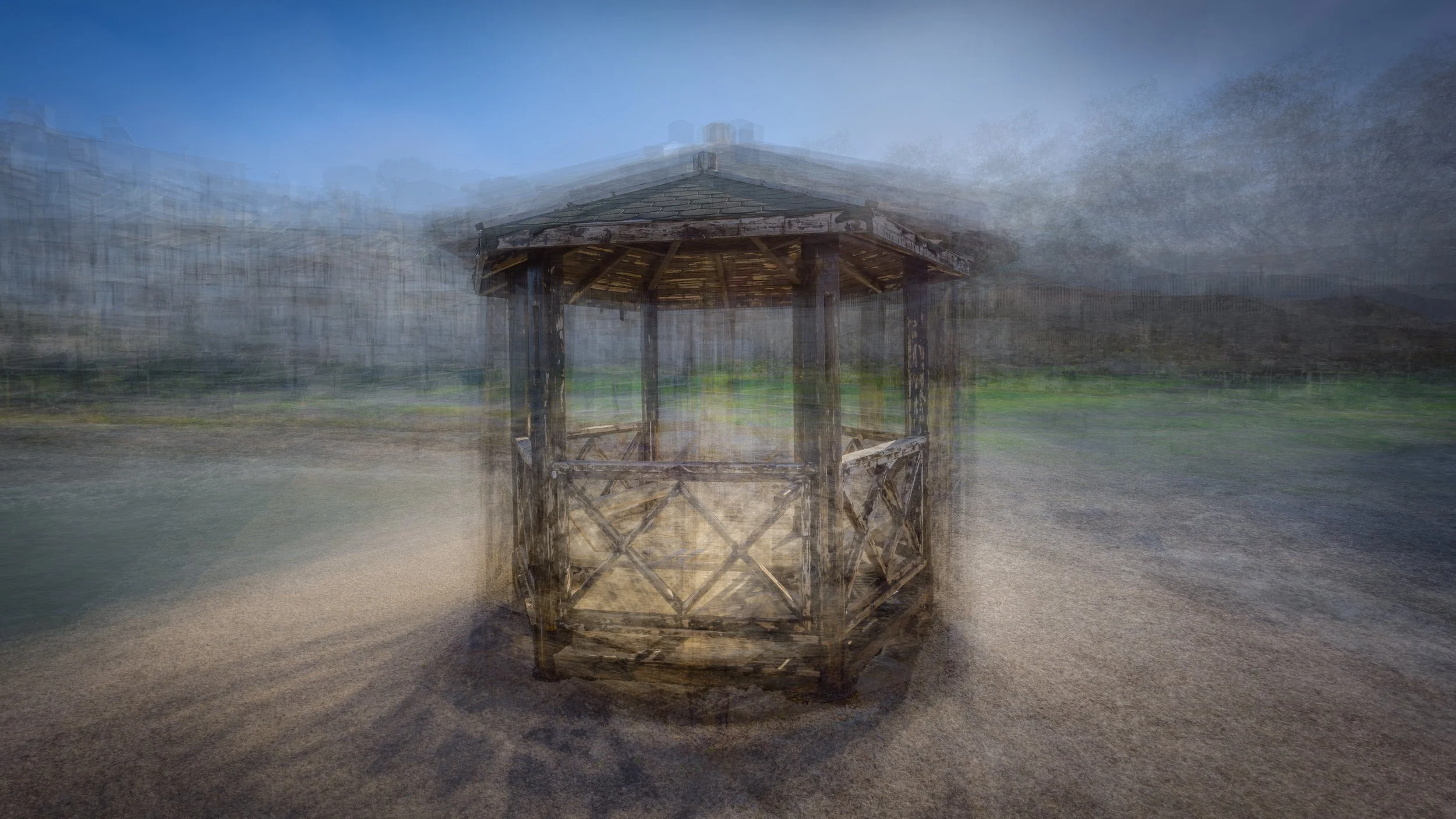 pep ventosa style A wooden gazebo on a sandy area with a blurred background of grass, trees, and sky photography by erez nudmanov