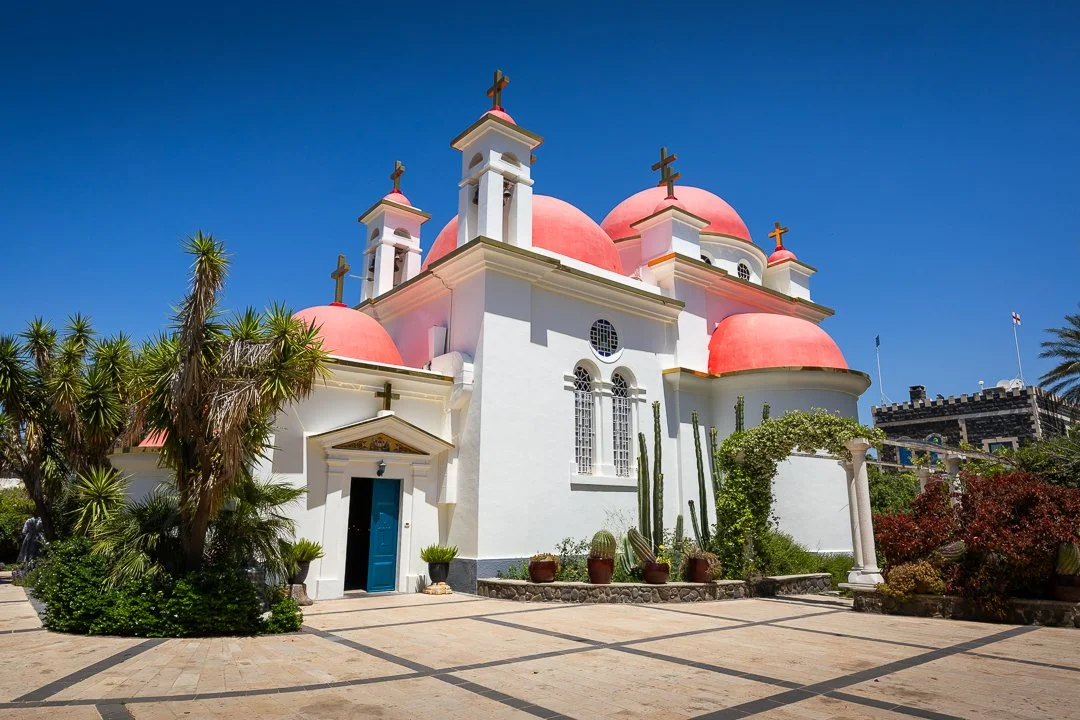 White church with pink domes and crosses on top, surrounded by palm and cacti, under a clear blue sky.