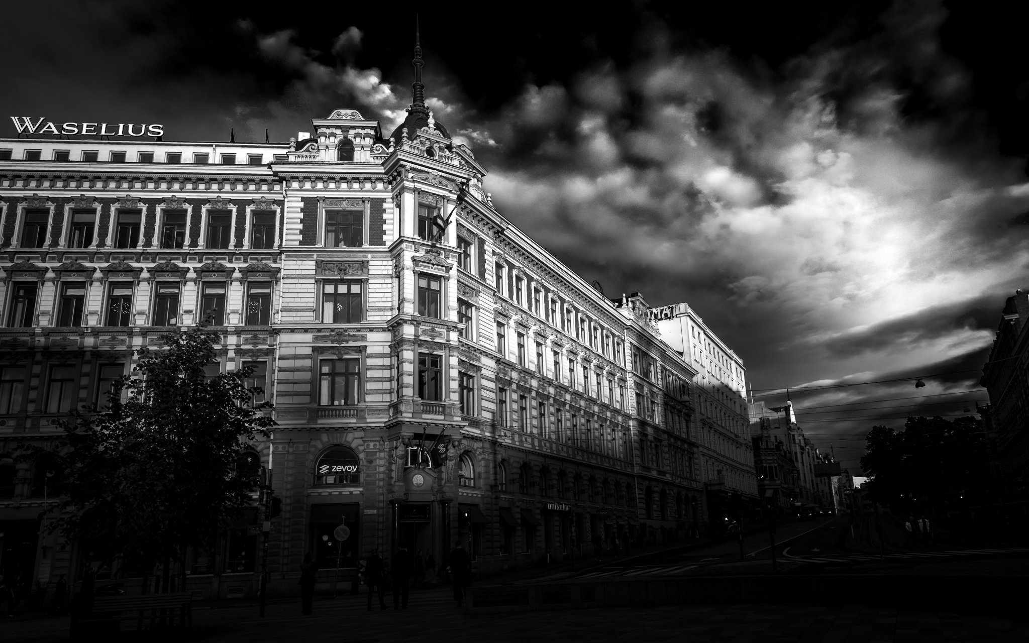 Black and white photo of a historic multi-story building with ornate architecture, large windows, and decorative elements, under a dark, cloudy sky, with some trees and street scene below.