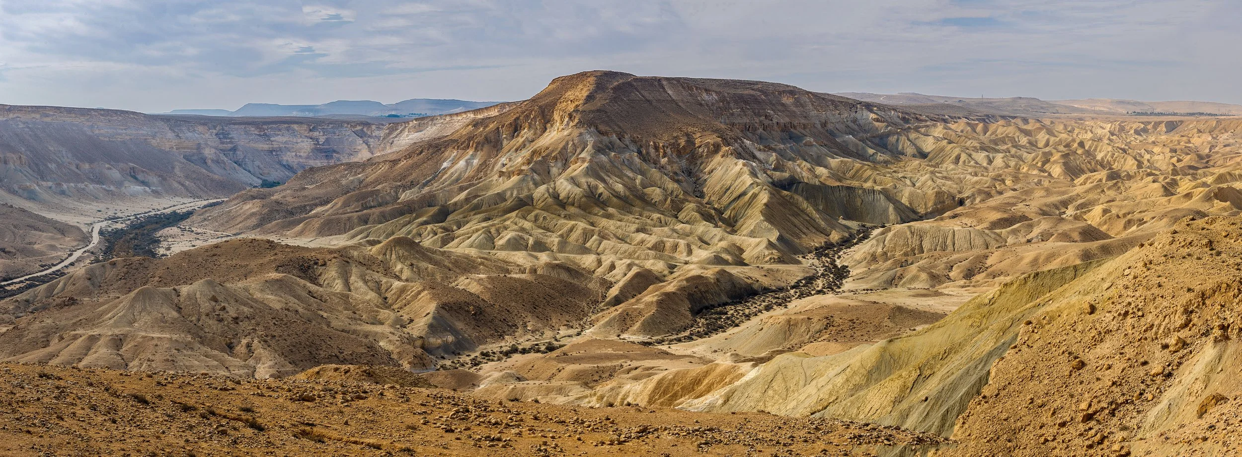 A panoramic view of a desert-like canyon with layered, eroded rock formations and mountains in the distance under a partly cloudy sky.