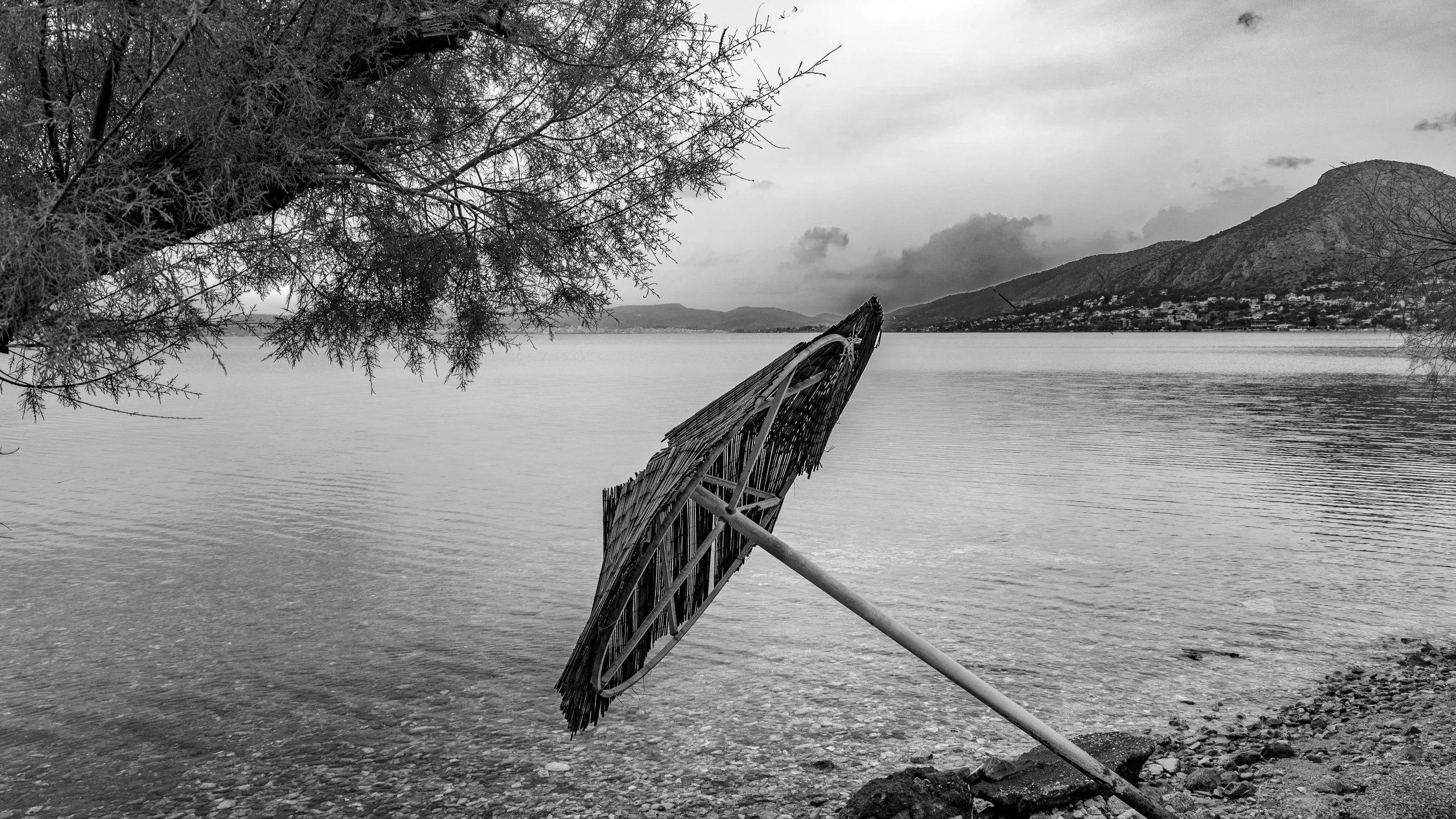 A black and white photo of a lakeside scene with a broken parasol on the rocky shore, partially covered by overhanging tree branches, with mountains and cloudy sky in the background photography by Erez Nudmanov
