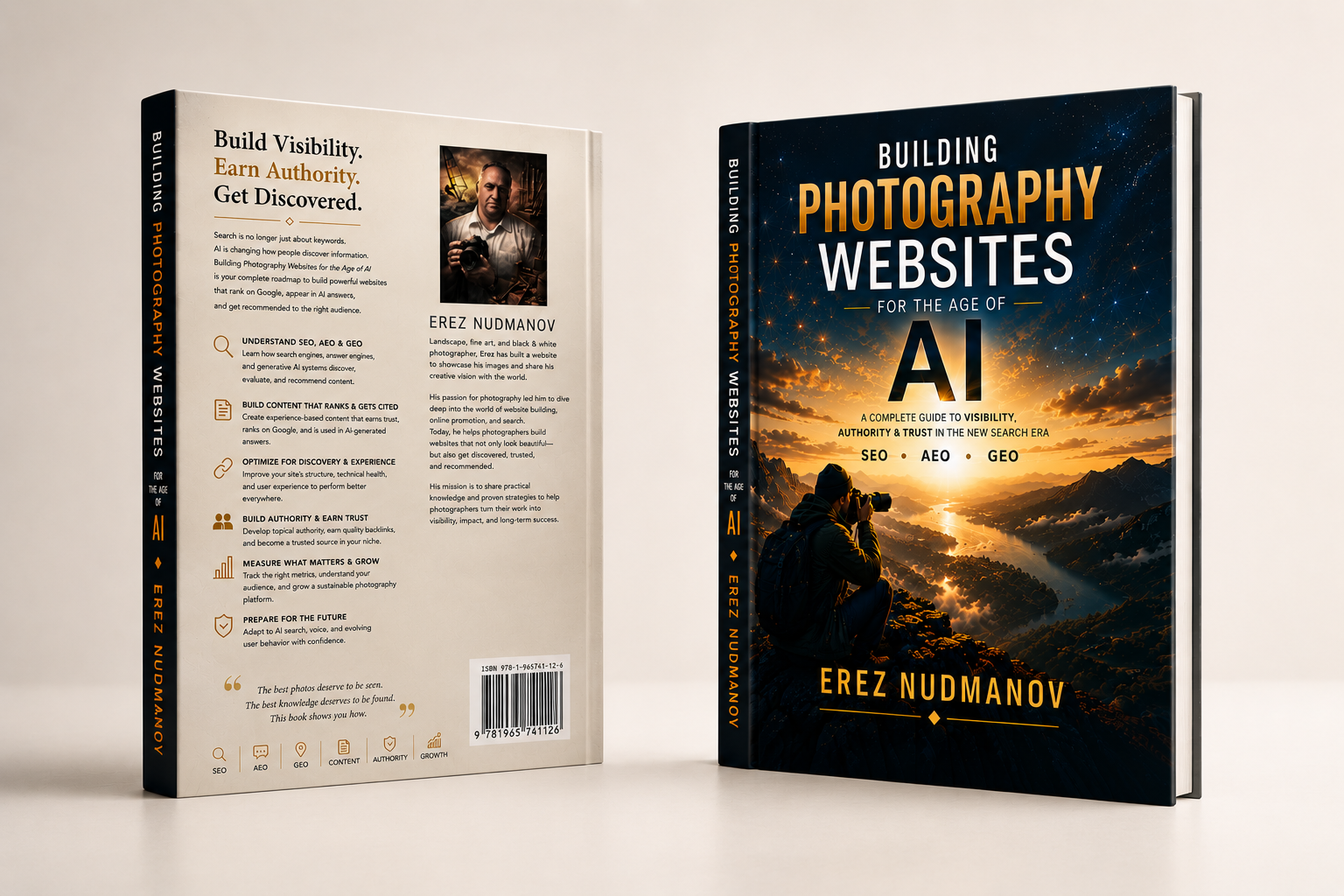 Building Photography Websites for the Age of AI book by Erez Nudmanov showing the front and back cover in a clean studio mockup.