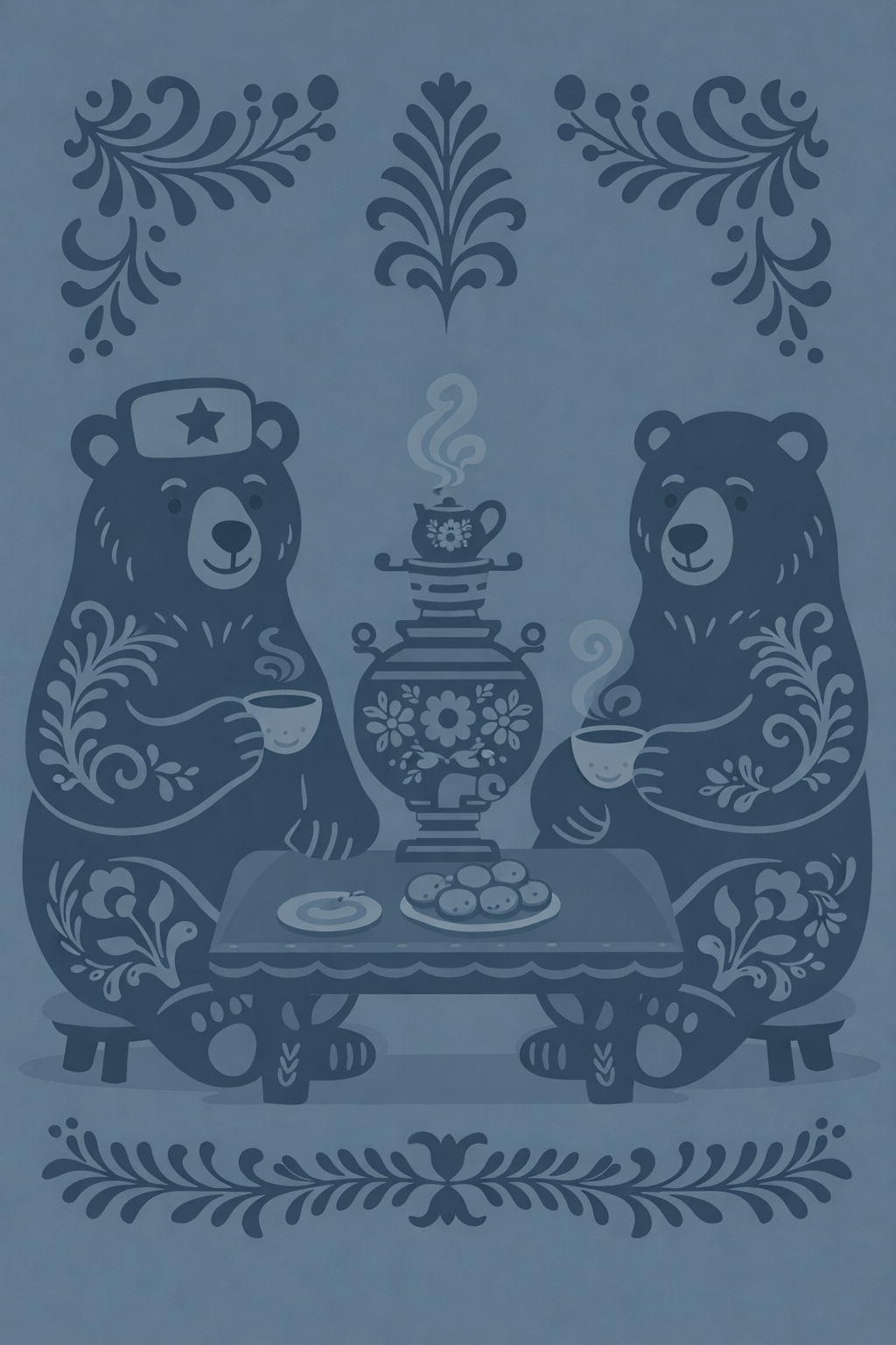 Two bears sitting at a small table, holding cups of tea or coffee, with a decorative teapot between them and cookies on a plate, surrounded by floral patterns.