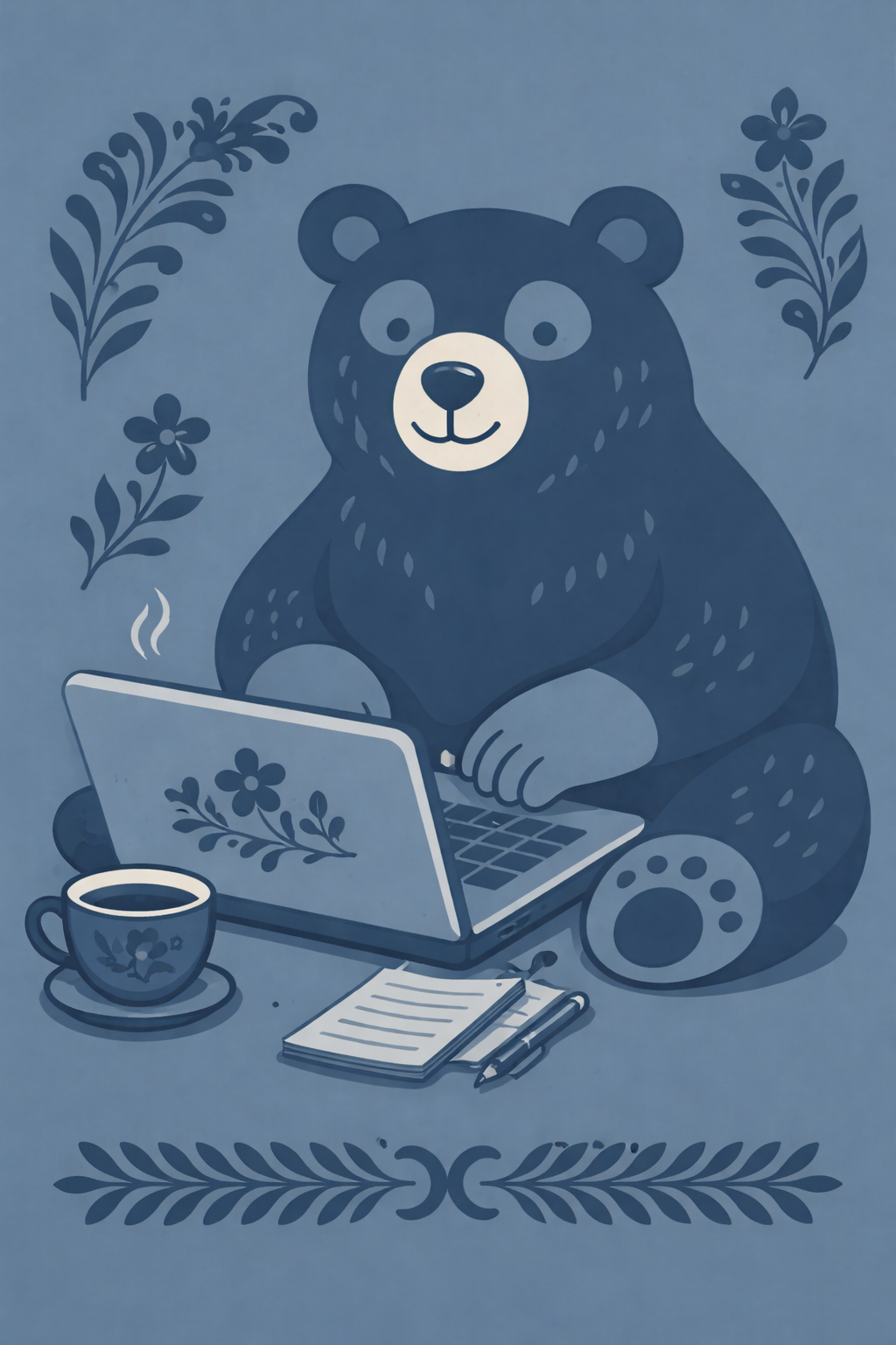 A cartoon bear sitting at a desk with a laptop, a cup of coffee, a notebook, and a pen. The bear is decorated with floral patterns, and surrounded by additional floral designs.