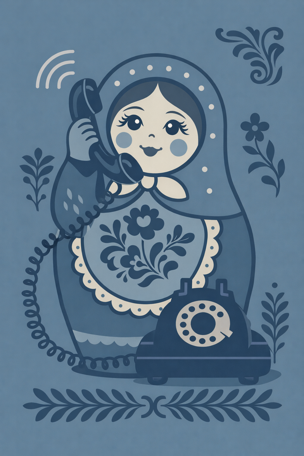 A stylized illustration of a girl with large eyes and rosy cheeks, holding a vintage rotary phone to her ear, surrounded by floral patterns and decorative elements in a blue monochrome style.