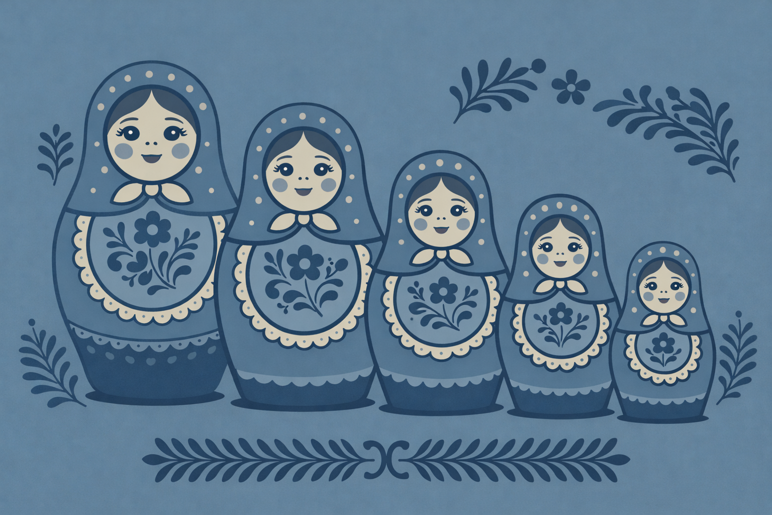 Illustration of five Russian nesting dolls (matryoshka) in varying sizes with floral patterns, surrounded by decorative leaves.