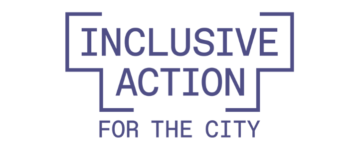 Text graphic that reads "Inclusive Action for the City" in purple font with a geometric border design.