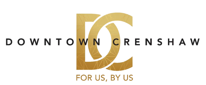 Logo with large gold 'DC' and black text 'Downtown Crenshaw' and 'For Us, By Us' underneath.