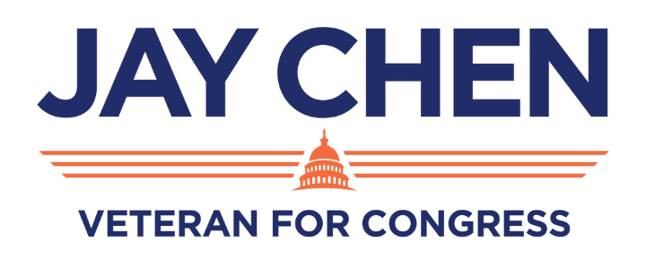 Campaign logo for Jay Chen, veteran for Congress, featuring his name, a stylized Capitol building, and campaign slogan.