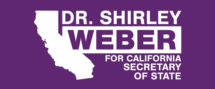Purple campaign sign for Dr. Shirley Weber for California Secretary of State, featuring a white silhouette of the state of California.