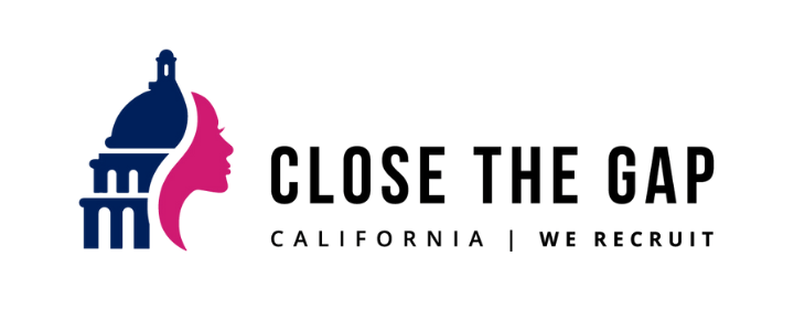 Logo with a silhouette of the California State Capitol dome and a female profile, along with the text "Close the Gap California | We Recruit".