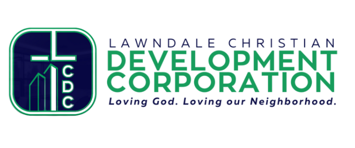 Logo for Lawndale Christian Development Corporation featuring a green and blue geometric design and the organization name.
