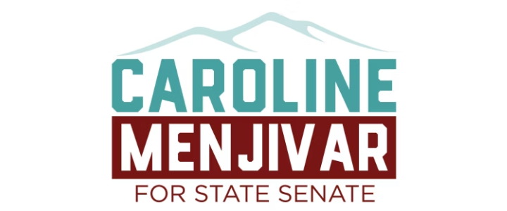 Campaign sign for Caroline Menjivar running for State Senate, featuring mountains in the background.