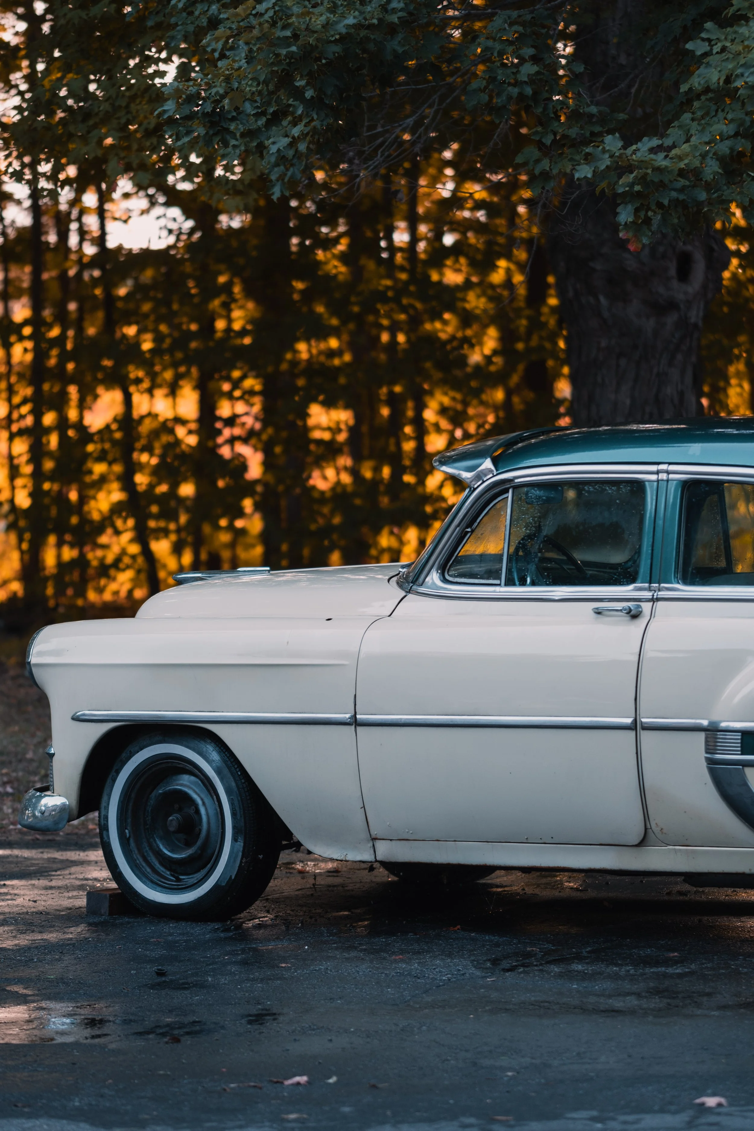A vintage white and green classic car parked on a wet pavement in front of trees with orange and yellow leaves during sunset.
