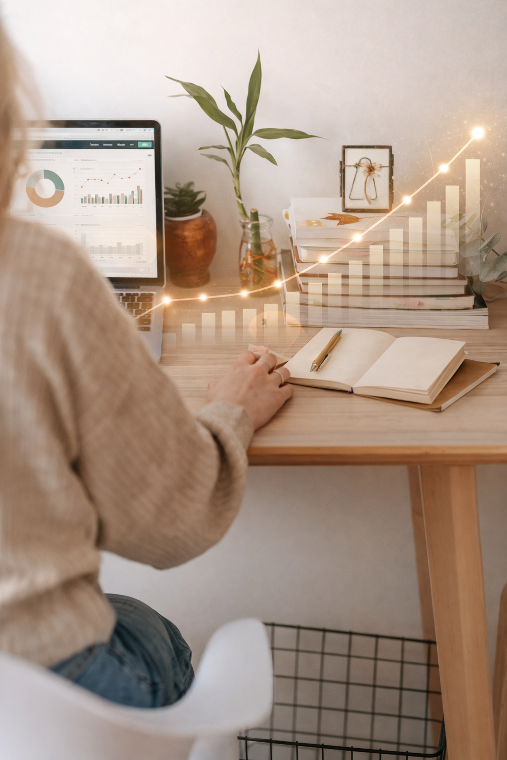 A person working at a desk with a laptop displaying graphs and charts, an open notebook with a pen, a stack of books, potted plants, and a glowing upward trending graph overlay.
