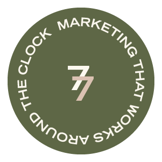 Green circular logo with white text reading, 'The Clock Marketing That Works Around' and a large number '77' in the center.
