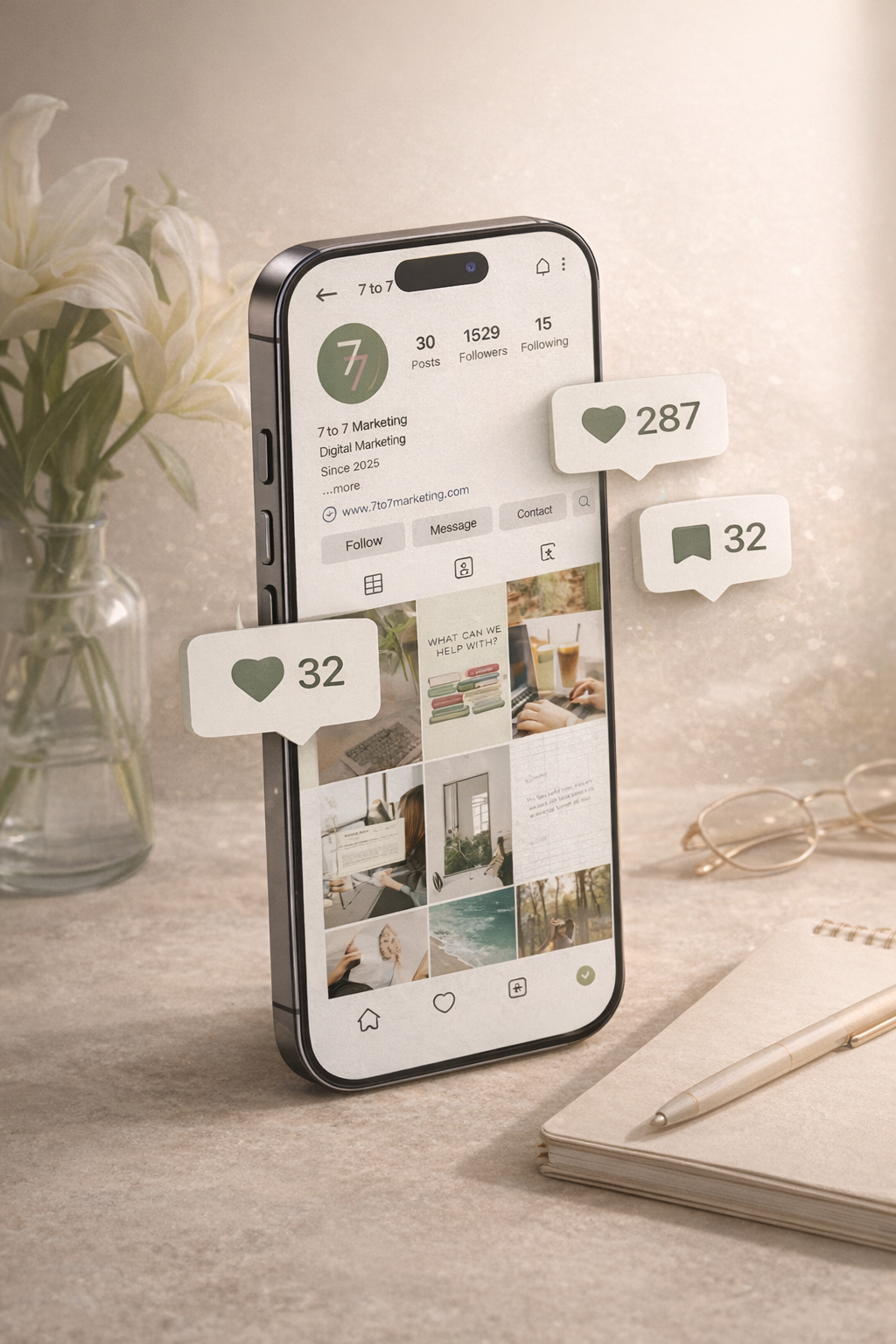 A smartphone displaying an Instagram profile of 7 to 7 Marketing, decorated with social media notification icons showing 287 likes, 32 comments, and 32 bookmarks. The phone is on a desk next to a notebook with a pen, glasses, and a vase of white lilies.