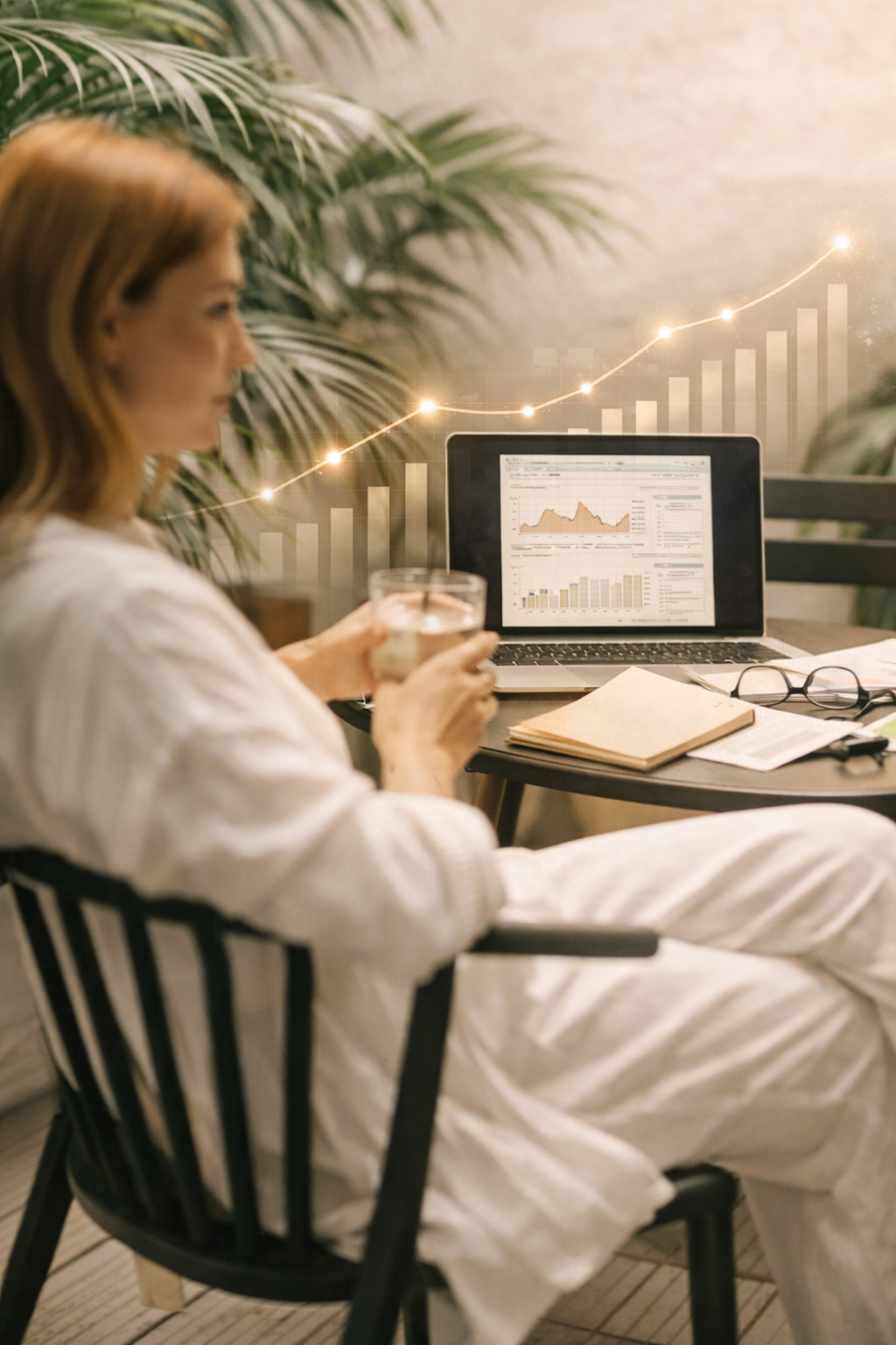 Woman sitting at a desk with a laptop showing graphs, holding a glass, with notebooks and glasses nearby, and a background of green plants and graphical data overlay.