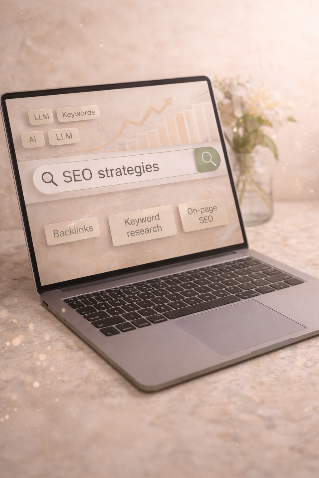 Laptop displaying SEO strategies such as backlinks, keyword research, on-page SEO, and keywords, in a well-lit workspace with a blurred flower vase in the background.