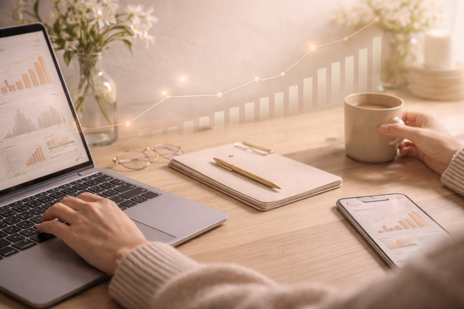 A person working with a laptop and smartphone displaying financial graphs, a notebook, and a cup of coffee on a wooden desk with a potted plant in the background.