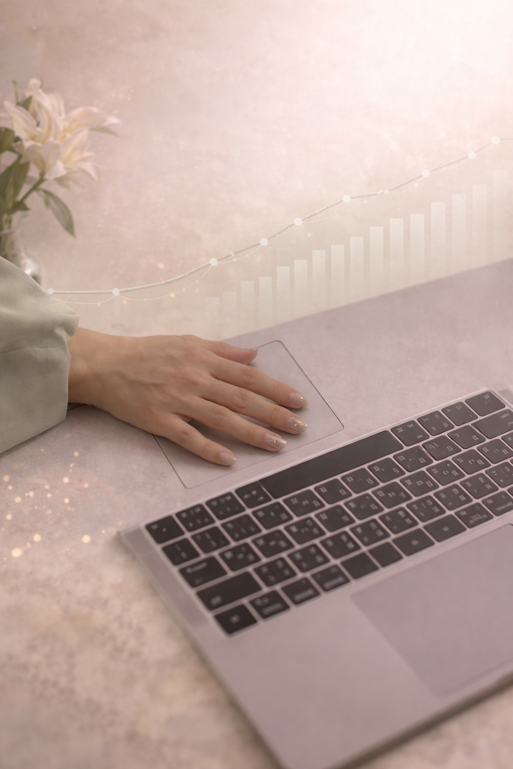 A person uses a laptop with a hand resting on the touchpad. A virtual graph with upward-trending data points and bars is overlaid above the computer, and a vase with white flowers is in the background.