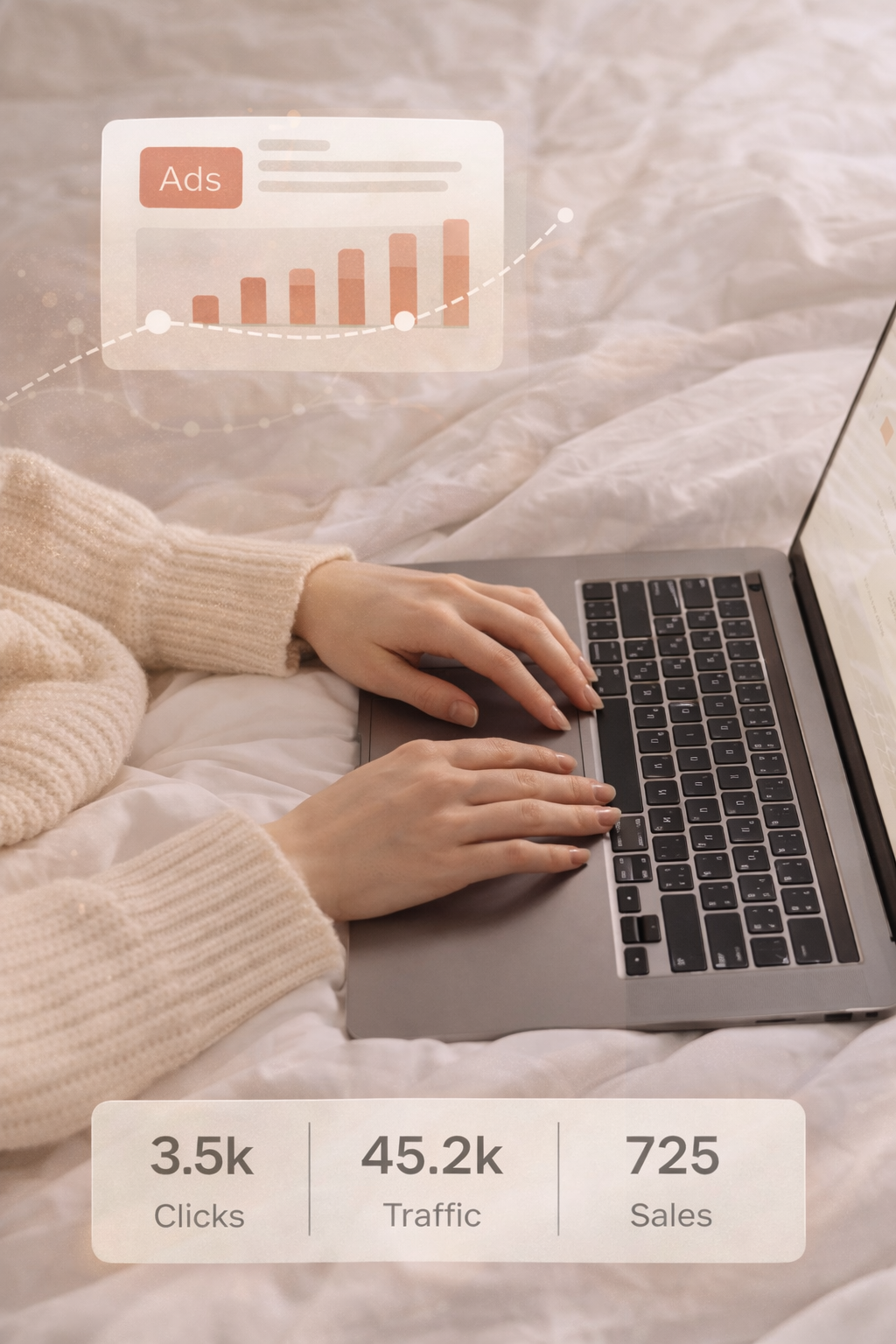 Person using a laptop with a digital overlay showing advertising statistics, including 3,500 clicks, 45,200 website traffic, and 725 sales.