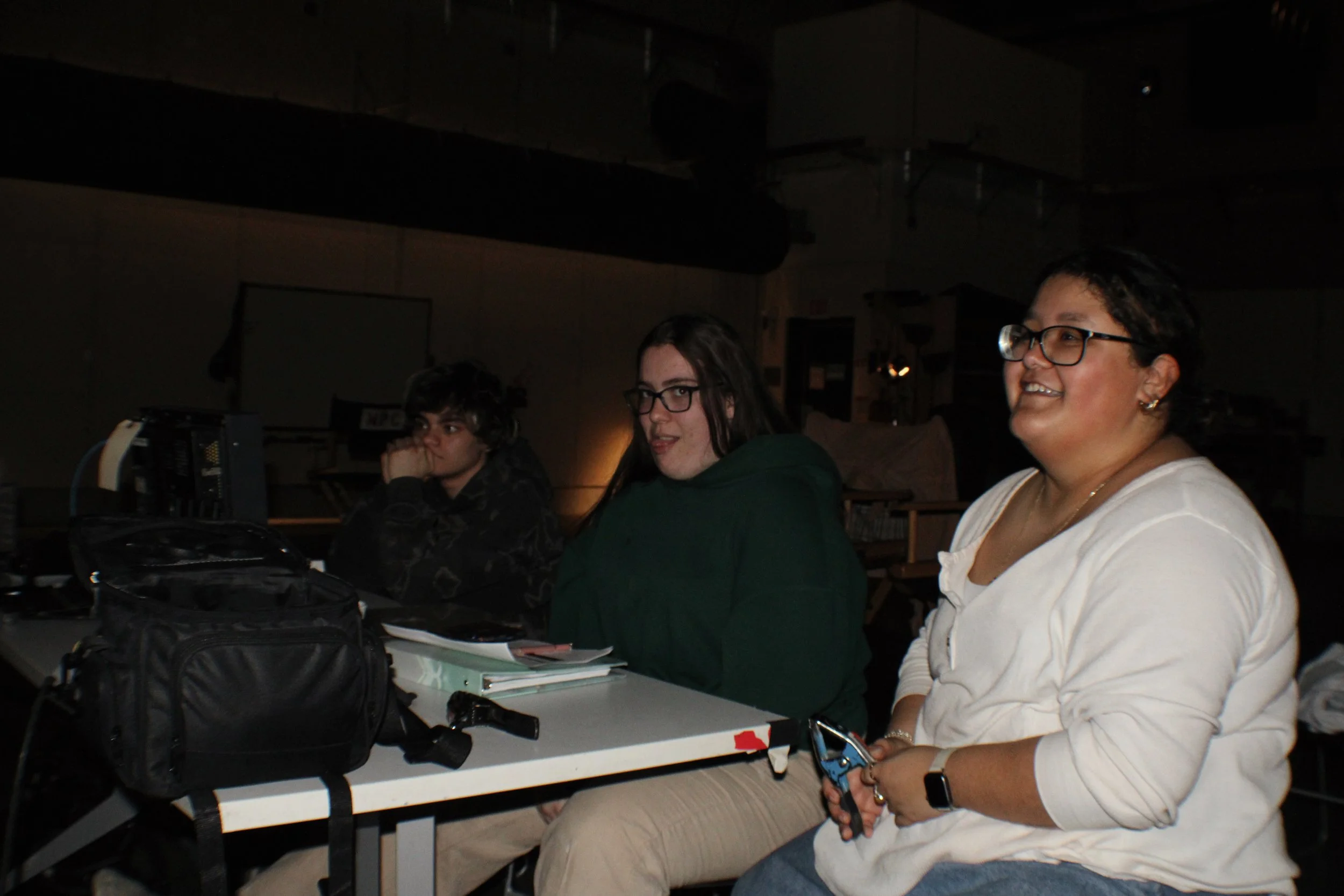 Nely, the producer, with Sarah Shields, the 1st Assistant Director, and Roman Langford, the script supervisor watching monitor. 