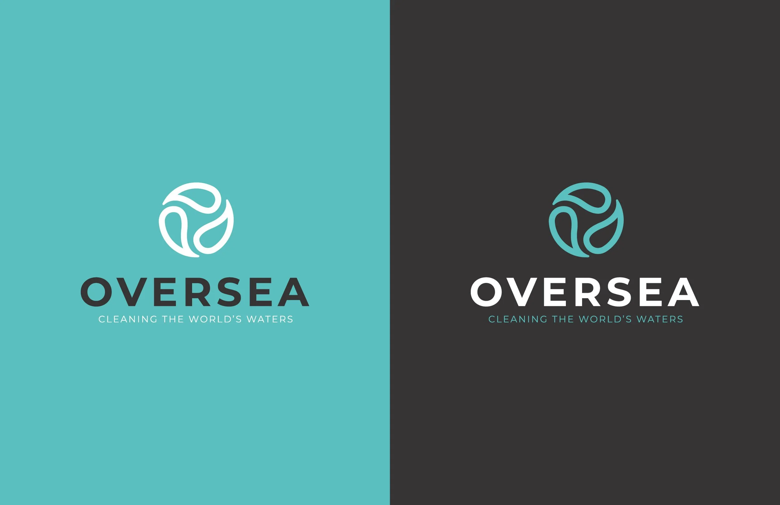 Logo image split into two halves with the left side in teal and the right side in dark gray. Both sides display a circular, abstract wave design above the word "OVERSEA" in bold, uppercase letters, with the tagline "CLEANING THE WORLD'S WATERS" below in smaller font.