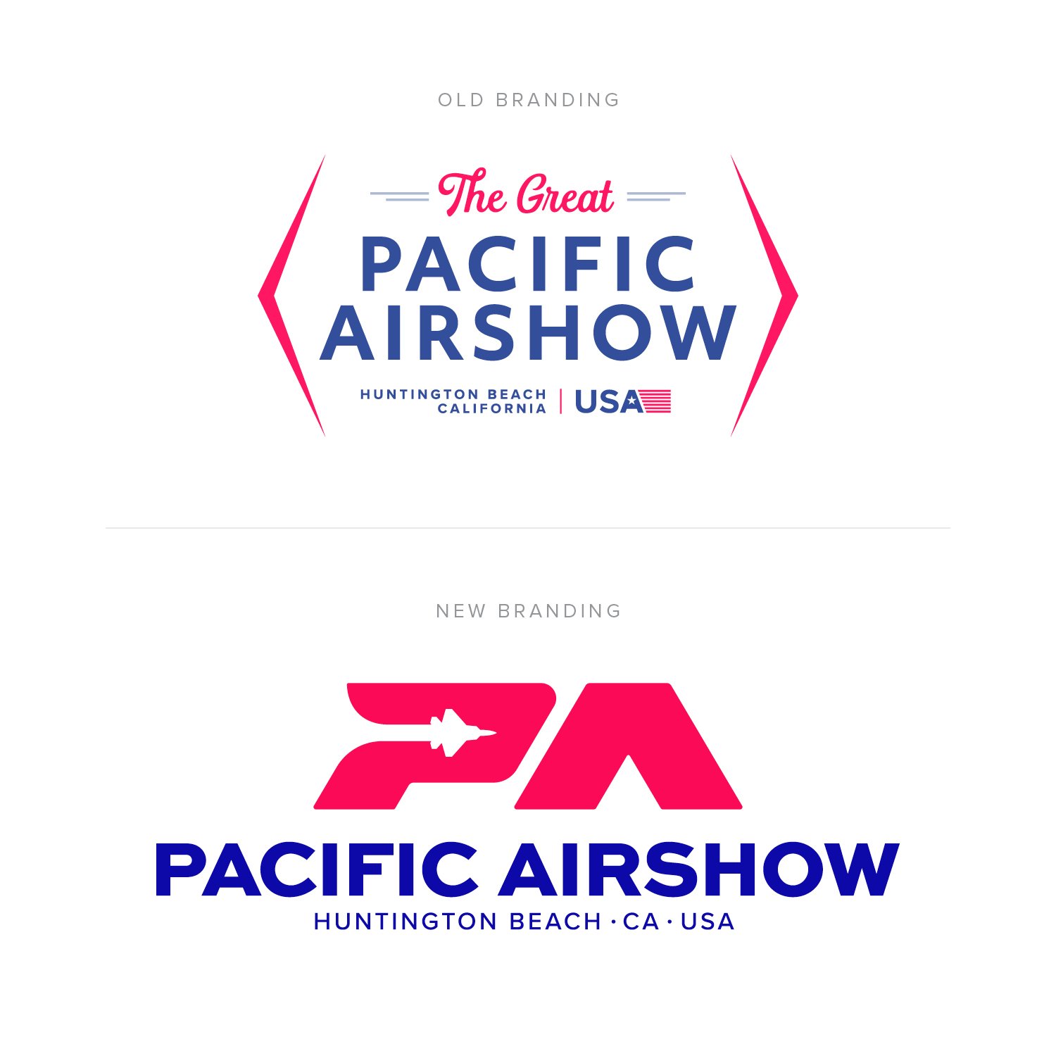 Comparison of old and new branding for the Pacific Airshow in Huntington Beach, California. The old logo features a stylized shaped like an arrow with pink and blue text, while the new logo uses a bold red and blue design with stylized letters and a 