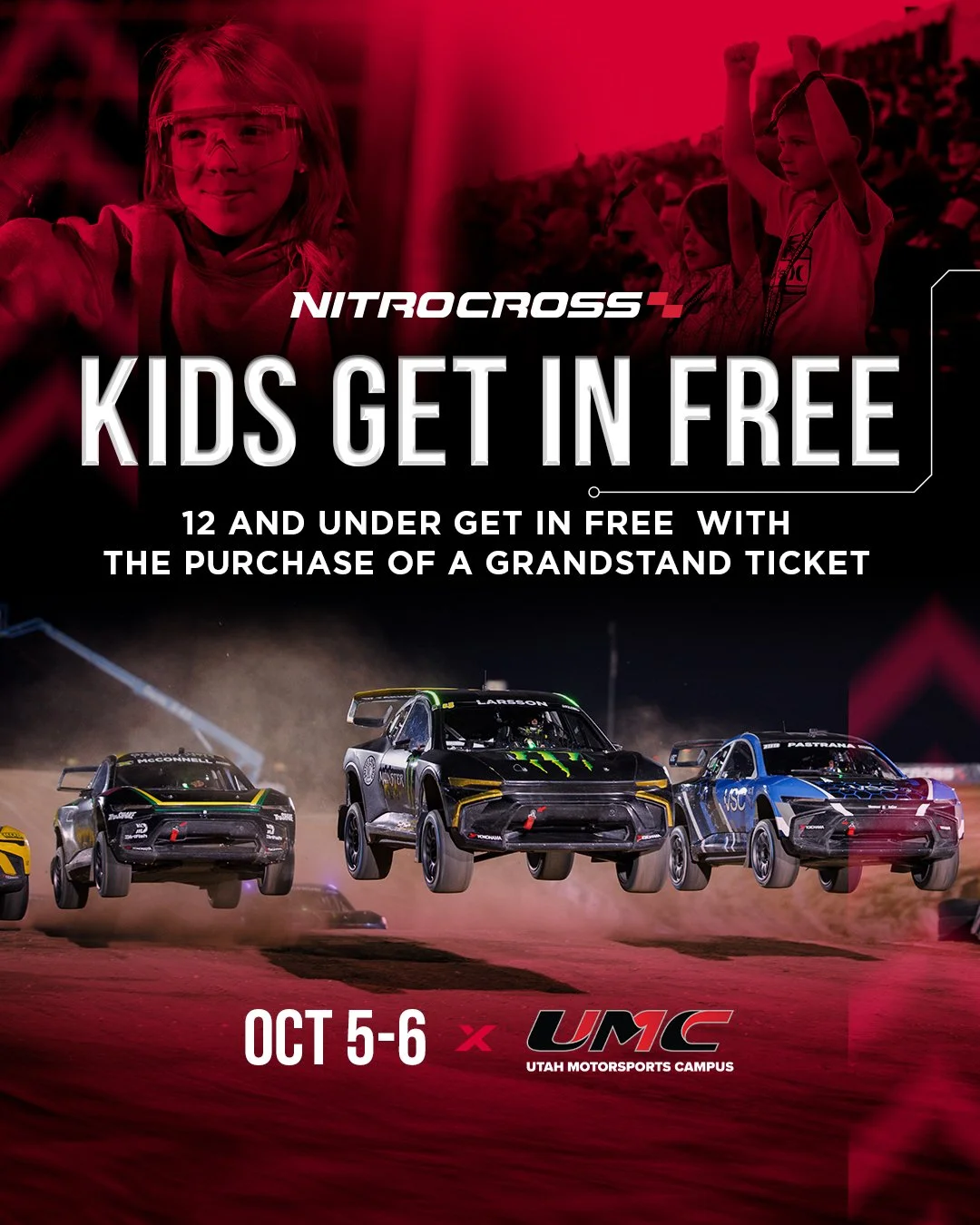 Children at a motocross event, with racing cars on a dirt track in front and children cheering in the background. Promotional poster for NitroCross Kids Get In Free event at Utah Motorsports Campus, October 5-6.