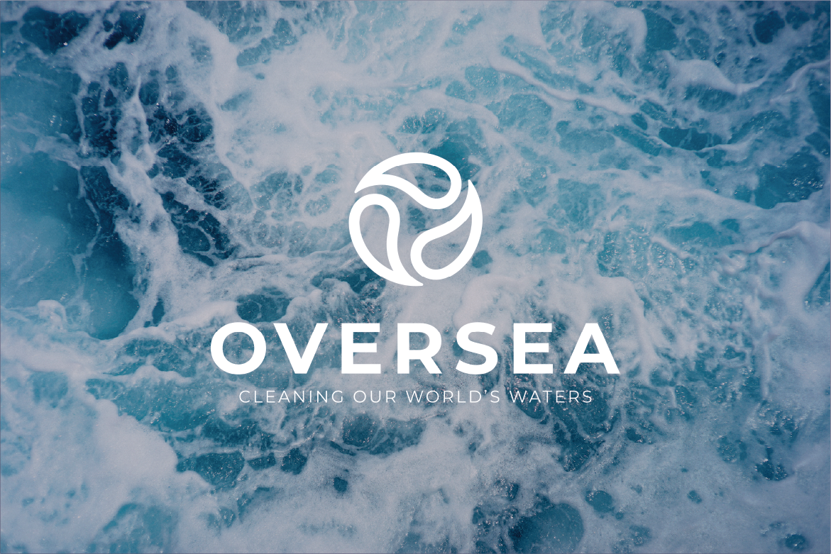 Oversea logo with wave graphic over turbulent water background, along with the tagline 'Cleaning Our World's Waters'.