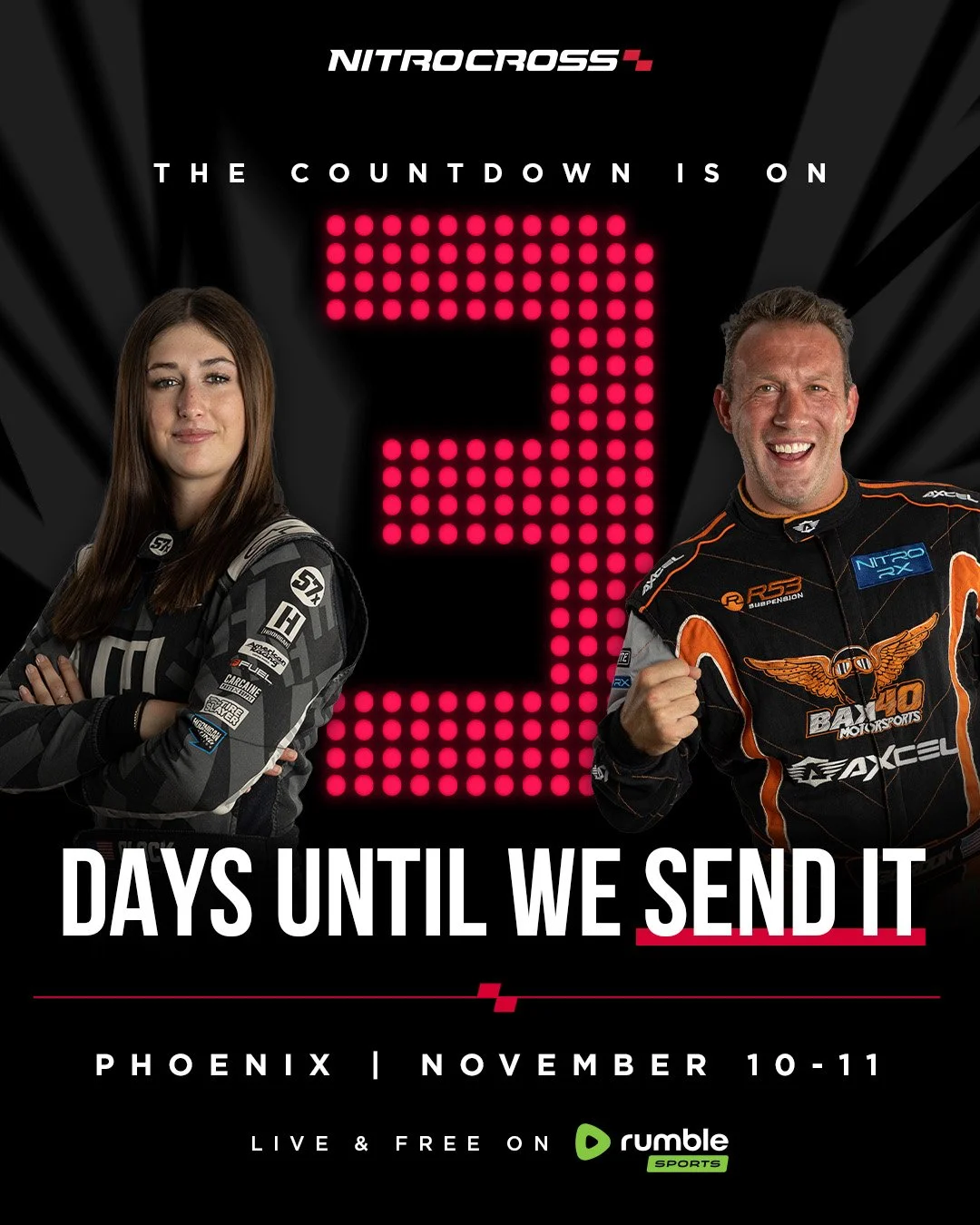 Poster advertising NitroCross event with two racing drivers, a woman on the left and a man on the right, with a large pink digital countdown showing 3, announcing the event in Phoenix on November 10-11, live and free on Rumble Sports.