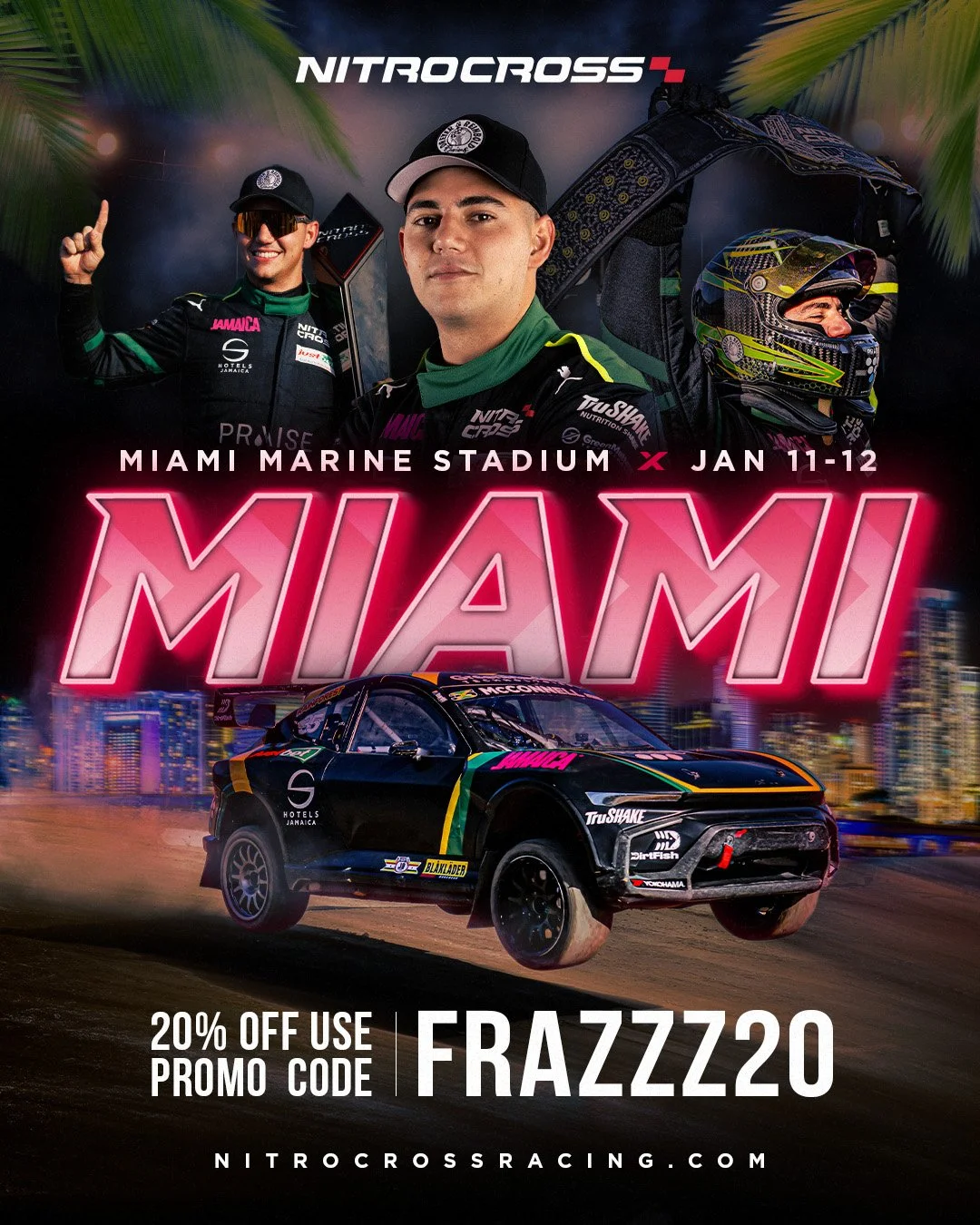 Event poster for NitroCross racing in Miami, held at Miami Marine Stadium on January 11-12. Features images of racing drivers, a race car, and tropical palm leaves, with a promotional code offering 20% off.